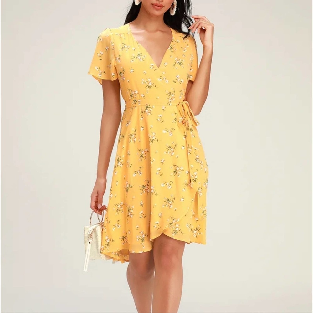 Lulu's Rise to the Occasion Yellow Floral Print Midi Wrap Dress